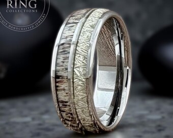 Meteorite Ring Deer Antler Wedding Band Gray Silver Tungsten Carbide 8mm For Women and Men