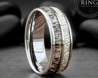 Deer Antler Meteorite Silver Ring Gray Wedding Band for Men Women 8MM