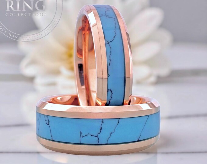 Rose Gold Tungsten Ring Turquoise Wedding Band for Men and Women Her Anniversary Mothers Day Gift