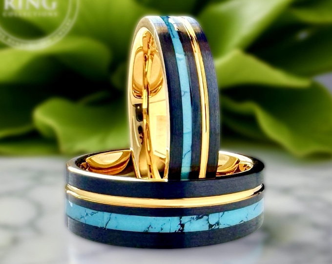 Gold Turquoise Ring, Personalized Tungsten Band, Unique Gold and Black Turquoise Inlay Promise Ring, Men Women Wedding Ring