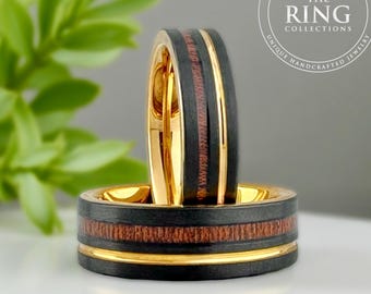 Black Gold Wood Wedding Band with Wood Inlay and Gold Groove, Black Tungsten Ring for Men Women, 6MM 8MM, Black Wood Gold Ring Band for Men