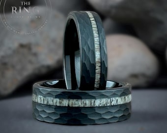 Anello nuziale nero per uomo e donna, anello con corna di cervo, fede nuziale nera con corna di cervo, anello martellato nero per uomo, fascia con corna di cervo