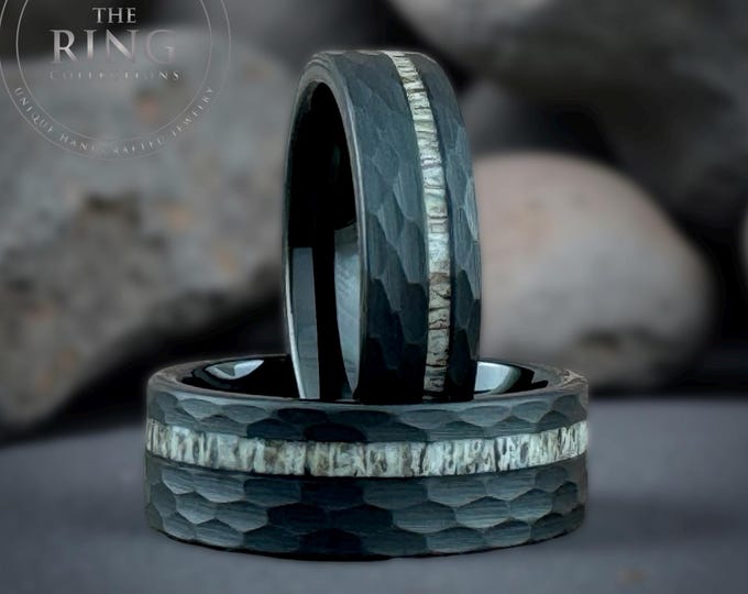 Black Ring Wedding Band for Men Women, Deer Antler Ring, Black Wedding Ring with Deer Antler, Black Hammered Ring for Men, Deer Antler Band