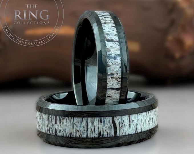 Black Tungsten Deer Antler Wedding Band - Comfort Fit