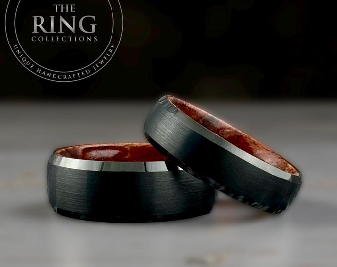 Wood and Black Tungsten Ring for Men Women, Black Tungsten Rosewood Wedding Band for Him Her, Tungsten Ring Wood Inside, Black Ring for Men