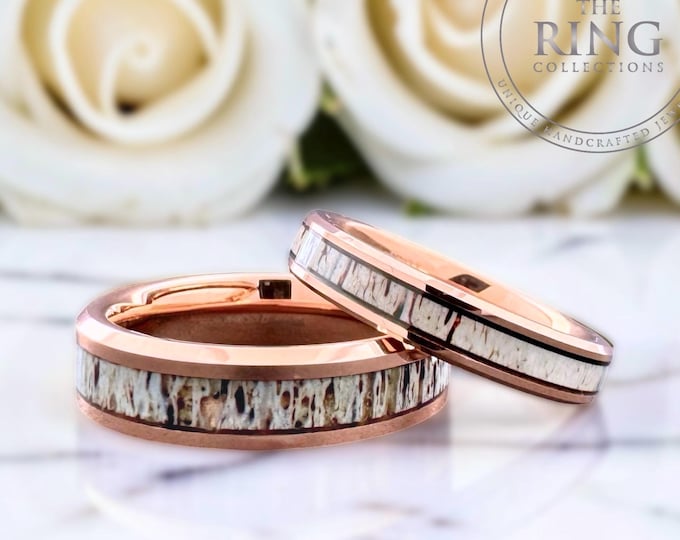 Rose Gold Wedding Band with Deer Antler Inlay, Rose Gold Tungsten Ring, Deer Antler Ring, Couples Ring, Men Women Bands