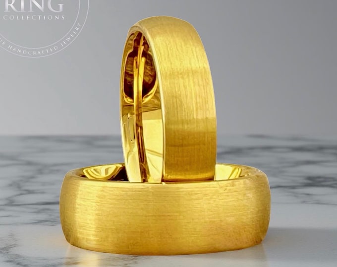 Gold Wedding Band Men Women Tungsten Ring Band Domed Brushed Gold Finish His and Hers Anniversary Gift 4mm 6mm 8mm