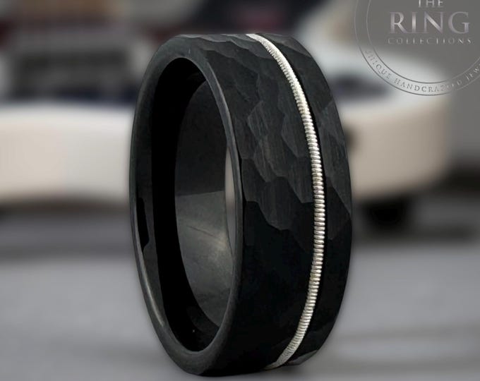 8mm Black Hammered Tungsten Ring Wedding Band with Guitar String Inlay for Men Women. Sizes 5 to 15 (half sizes available).