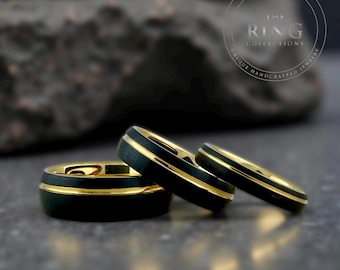 Black Tungsten Carbide Ring Wedding Band with Gold Groove and Inside for Men or Women, Domed and Matte Brushed Surface, Half Sizes Available