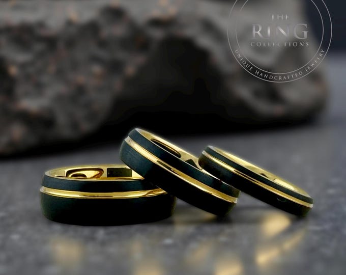 Black Tungsten Carbide Ring Wedding Band with Gold Groove and Inside for Men or Women, Domed and Matte Brushed Surface, Half Sizes Available