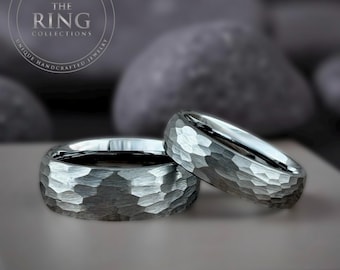 Silver Hammered Tungsten Ring Wedding Band for Men Women, Gray Tungsten Ring, Silver Wedding Band for Men Women, Engagement, 8mm 6mm 4mm