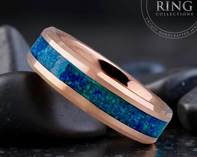 Rose Gold Tungsten Ring Wedding Band with Green Opal Inlay, 6mm Rose Gold Tungsten Wedding Band, Green Opal Ring Wedding Band for Men Women