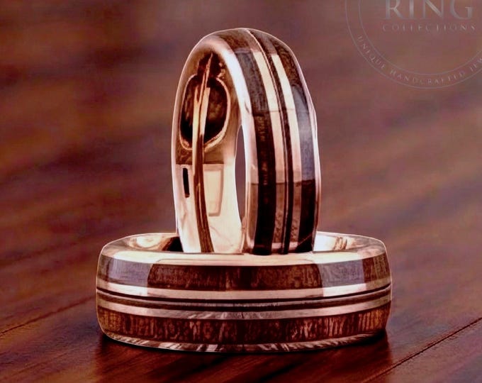 Rose Gold Tungsten Wedding Band Ring with Guitar String and Double Wood Inlay for Men Women, 6mm 8mm, Sizes 4 to 15, Half Sizes Available