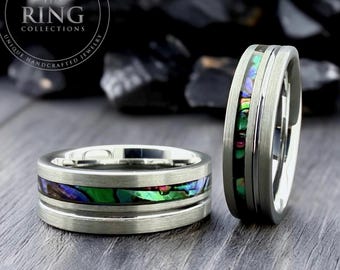 Tungsten Ring Set with Abalone Shell Inlay, His and Hers Matching Wedding Bands, Anniversary Promise Rings