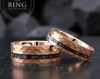 Deer Antler Rose Gold Hammered Tungsten Ring Unique Couples Wedding Band Set for Men and Women