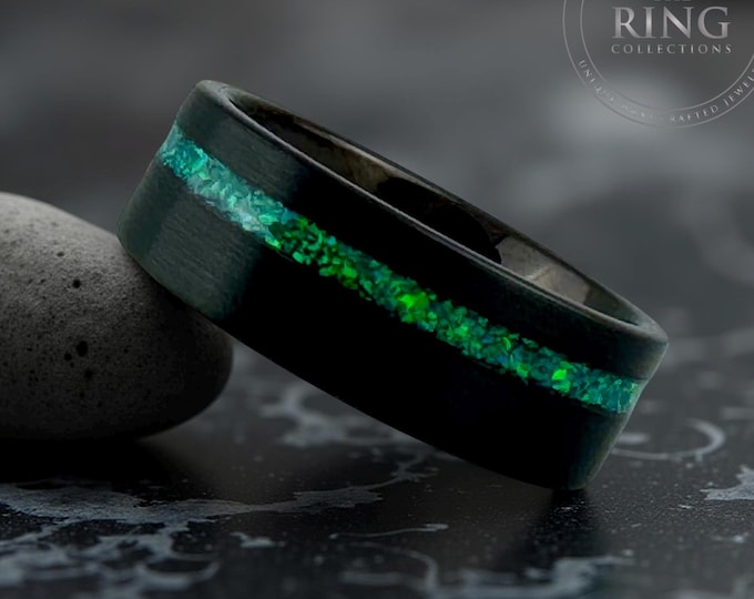 Black Tungsten Ring Band with Green Opal Inlay, Black Obsidian Tungsten Ring Green Opal, 8MM Tungsten Opal Wedding Band Ring for Men Women