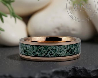 Moss Agate Wedding Band Men Women, Rose Gold Wedding Band Men, 6MM Green Moss Agate Band, Anniversary Gift, Engagement Ring, Promise Ring