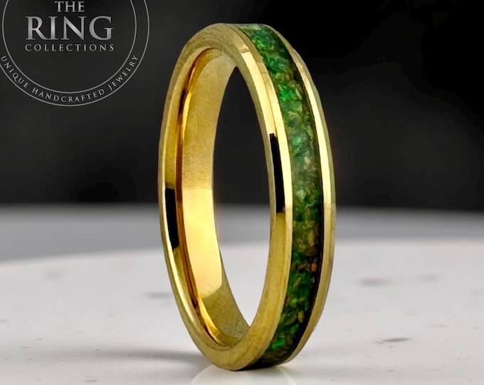 Gold Tungsten Ring with Opal Inlay, Gold Tungsten Wedding Band, 4mm Tungsten Wedding Band, Crushed Light Green Opal Ring, Opal Wedding Band