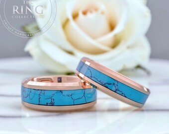 Rose Gold Turquoise Ring Set, His and Hers Tungsten Wedding Band, Couple Unique Engagement Ring