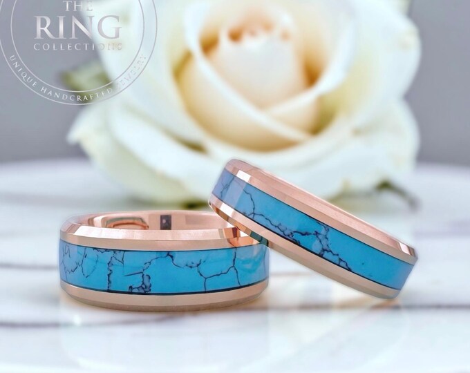 Rose Gold Turquoise Ring Set, His and Hers Tungsten Wedding Band, Couple Unique Engagement Ring