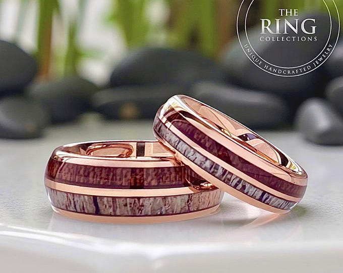 Rose Gold Tungsten Ring Wedding Band with Deer Antler and Koa Wood for Men and Women. Half Sizes available 4 to 15 in 4mm 6mm 8mm.