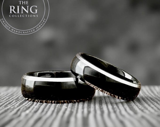 Black Tungsten Wedding Band Ring for Men Women, Polished Finish and Gray Silver Beveled Edges, Available in 6mm 8mm, Sizes 5 to 15.