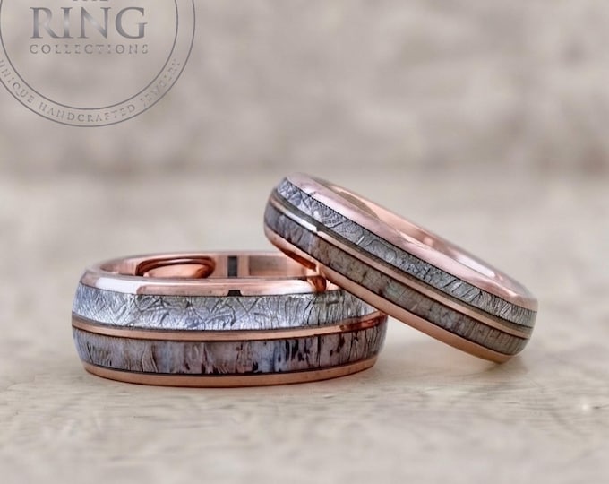 Meteorite Deer Antler Rose Gold Wedding Band Men Women, Rose Gold Tungsten Ring, Couples Ring