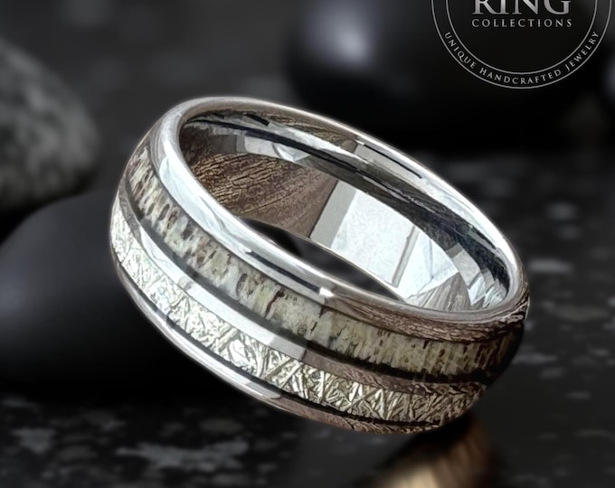 Men Meteorite Deer Antler Tungsten Ring, 8mm Silver Wedding Band Gray For Women