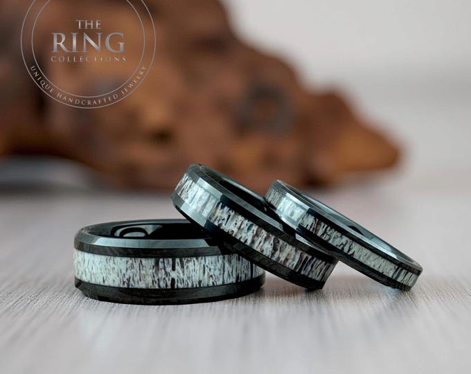 Black Tungsten Deer Antler Wedding Band Ring for Men Women, Black Ring for Men, Deer Antler Wedding Band Ring, Black Wedding Band Men Women