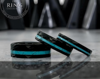 Black and Turquoise Hammered Tungsten Ring for Men Women, Black Wedding Band for Men Women, Black Ring with Turquoise Inlay, Turquoise Ring