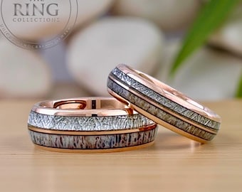 Deer Antler Meteorite Inlay Tungsten Carbide Ring - Rose Gold Wedding Band