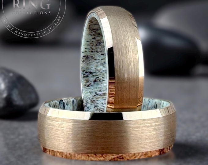 Deer Antler Tungsten Ring Set Rose Gold His and Hers Wedding Band Beveled Design 6mm 8mm