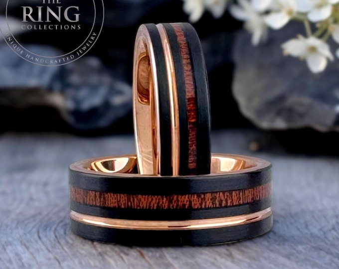 Black Tungsten Wedding Band, Rose Gold Ring with Groove, Koa Wood Inlay for Men or Women