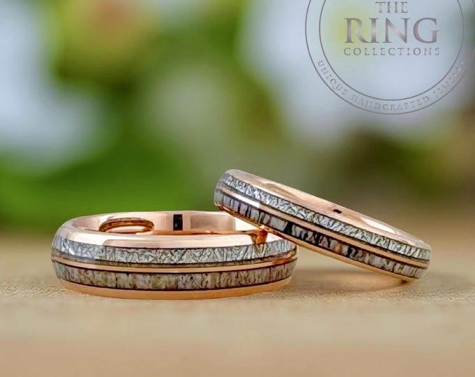 Deer Antler Meteorite Inlay Tungsten Carbide Ring - Rose Gold Wedding Band