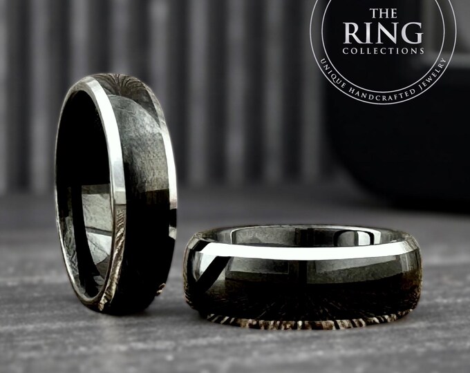 Matching Black Tungsten Couples Rings 8mm 6mm with Grey Edges, Men Women Engagement Wedding Bands Unique Anniversary Gift