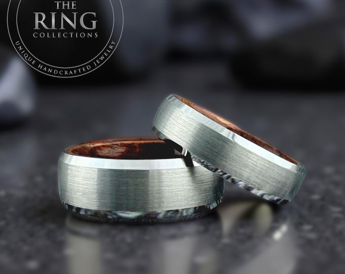 Wood Inside Silver Tungsten Ring Men Women, Gray Wedding Band with Rosewood Inlay, 4MM 6MM 8MM
