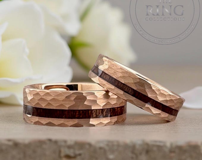 Rose Gold Tungsten Wedding Band: Hammered Koa Wood Inlay