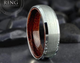 Silver Gray Tungsten Ring with Rosewood Interior Comfort Fit Men Women Wedding Engagement Band