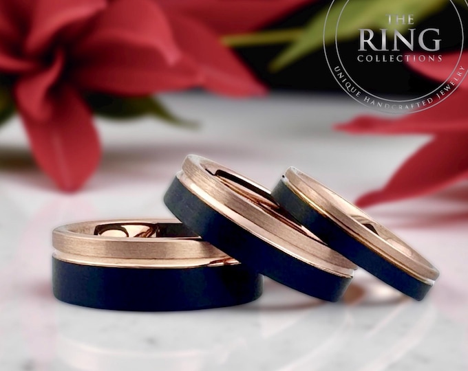 Black and Rose Gold Tungsten Carbide Ring Wedding Band for Men Women, Available in 4MM 6MM 8MM and Half Sizes