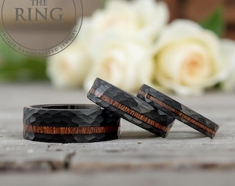 Black Hammered Tungsten Carbide Ring Wedding Band with Koa Wood for Men Women, Available in 4mm 6mm 8mm