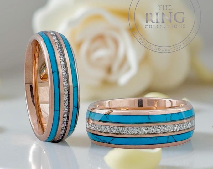 Rose Gold Turquoise and Meteorite Tungsten Ring Wedding Band for Men Woman. 8mm and/or 6mm in Sizes 5 to 15, half sizes available