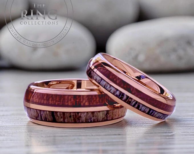 Rose Gold Tungsten Ring Wedding Band with Deer Antler and Koa Wood for Men and Women. Half Sizes available 4 to 15 in 4mm 6mm 8mm.