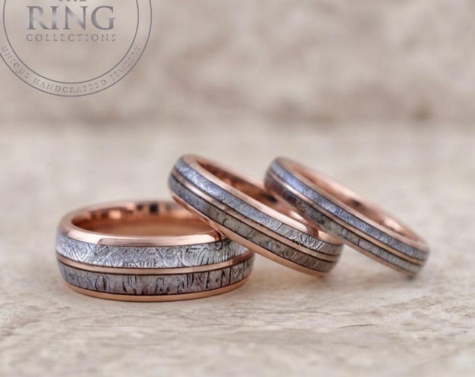 Deer Antler Meteorite Wedding Band Men Women, Rose Gold Tungsten Antler Ring Band, Meteorite Ring, Deer Antler Ring, Engagement Anniversary