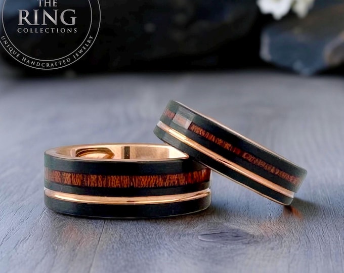 Black Wedding Bands Wood Inlay Rose Gold His and Hers Matching Tungsten Ring Set 6MM 8MM
