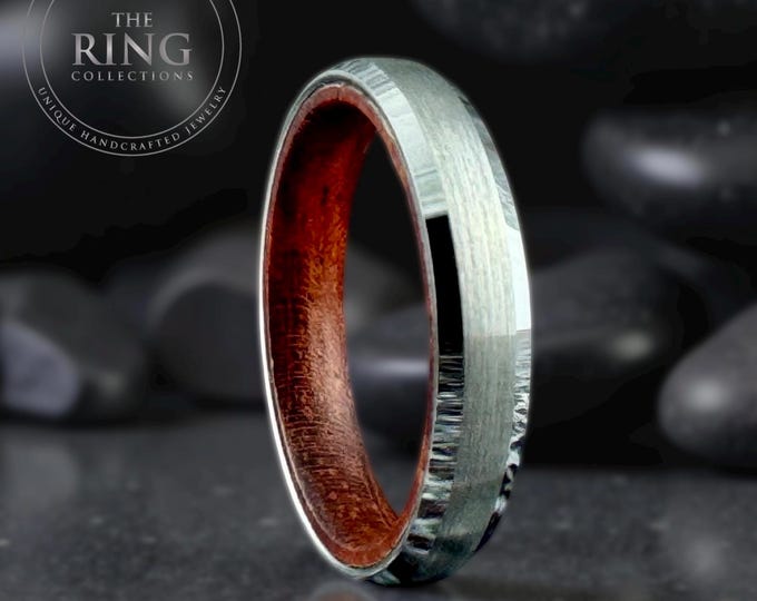 Thin Silver Tungsten Ring Wood Inside, Men Women Grey Wedding Engagement Band, 4MM 6MM 8MM Anniversary Gift