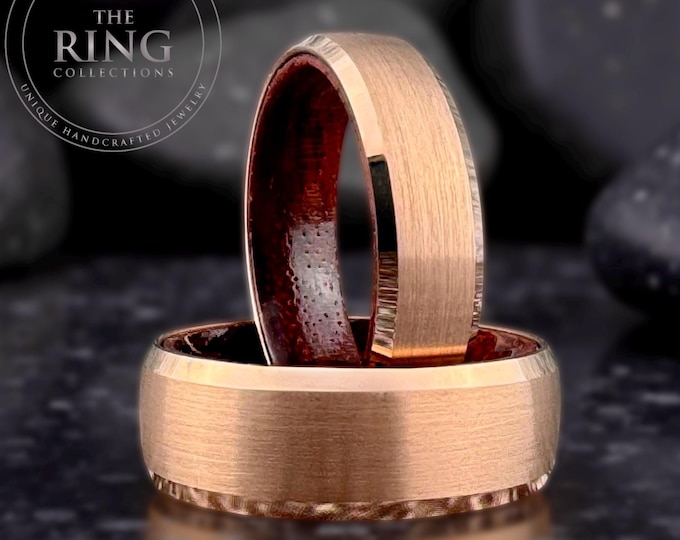 Unique Rose Gold Tungsten Rings Wood Inside, Rosewood Men Women Wedding Band Engagement Set