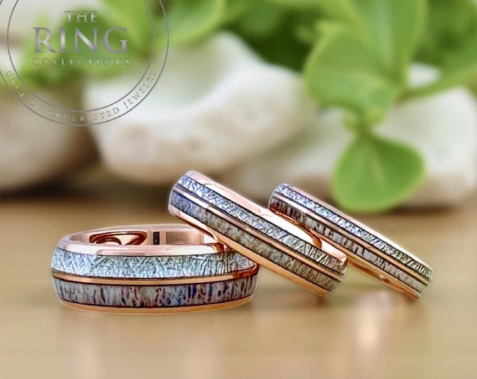 Deer Antler Meteorite Wedding Band Men Women, Rose Gold Tungsten Antler Ring Band, Meteorite Ring, Deer Antler Ring, Engagement Anniversary