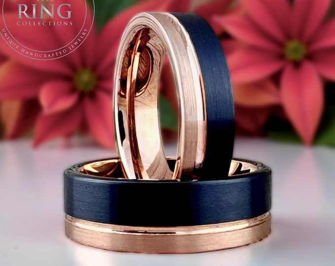 Black and Rose Gold Tungsten Carbide Ring Wedding Band for Men Women, Available in 4MM 6MM 8MM and Half Sizes