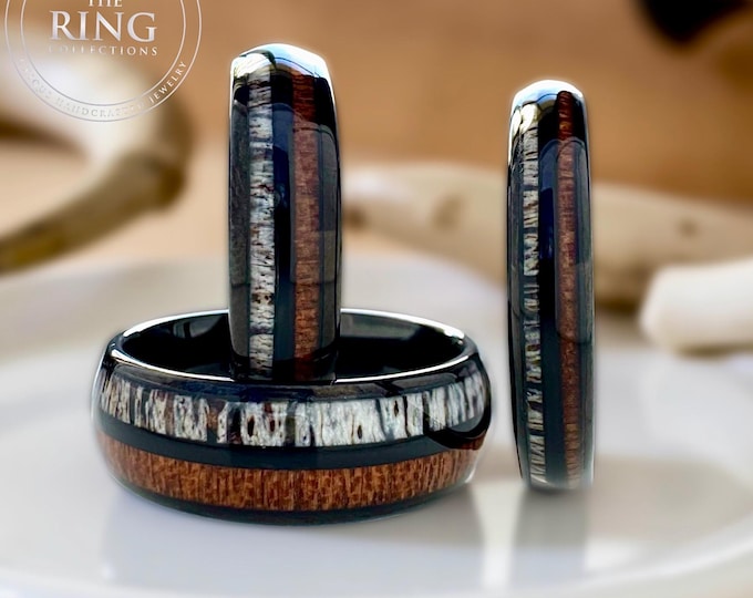 Deer Antler Wood Black Wedding Band Men Women, Tungsten Antler Wood Engagement Ring Anniversary Gift