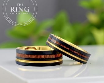 Yellow Gold and Black Tungsten Men Wedding Band, Wood Inlay Women Ring